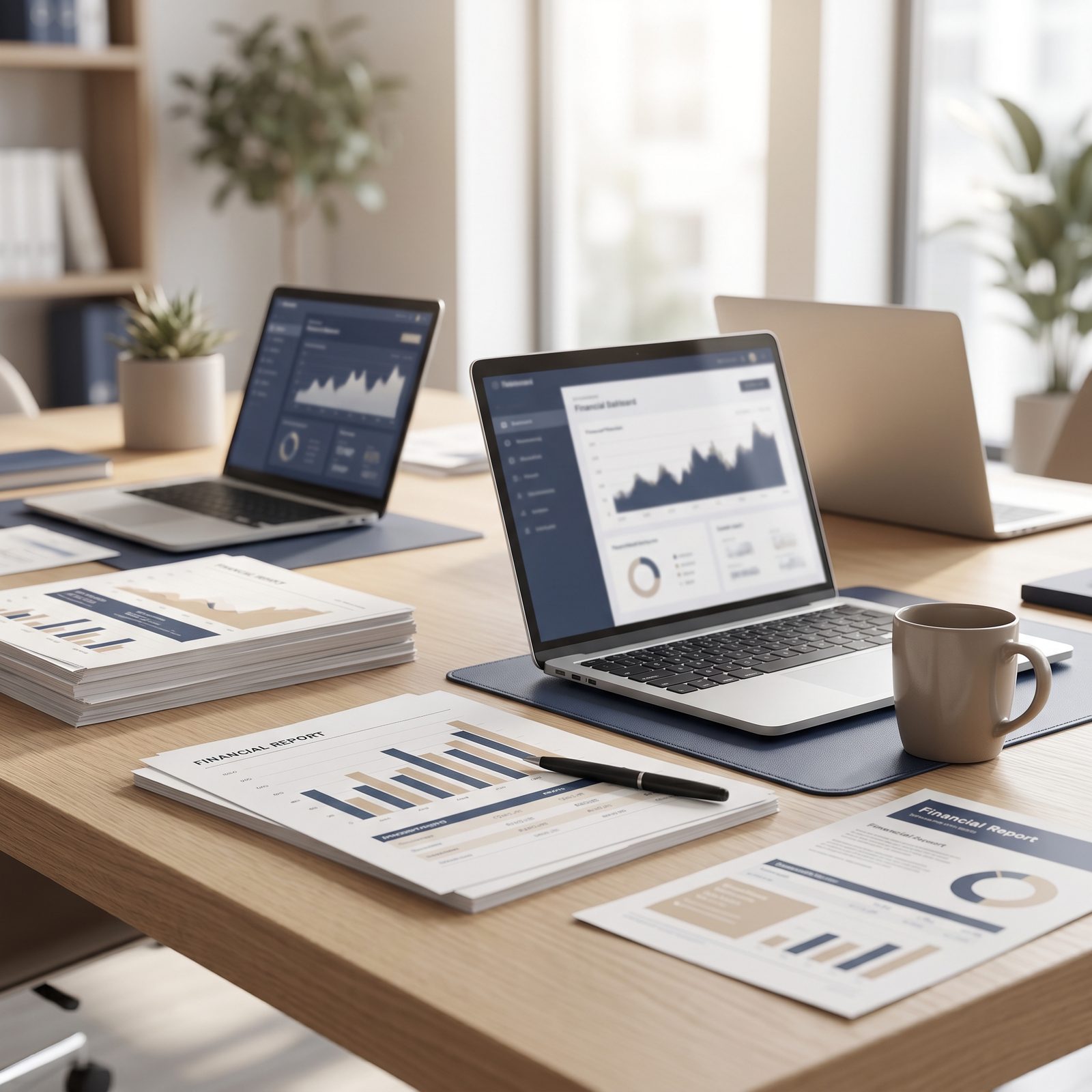Equipo corporativo analizando datos financieros