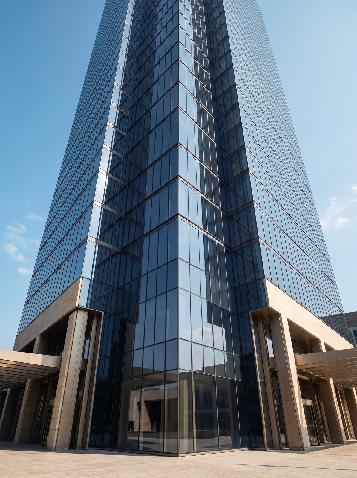Edificio corporativo moderno de líneas geométricas y fachada acristalada