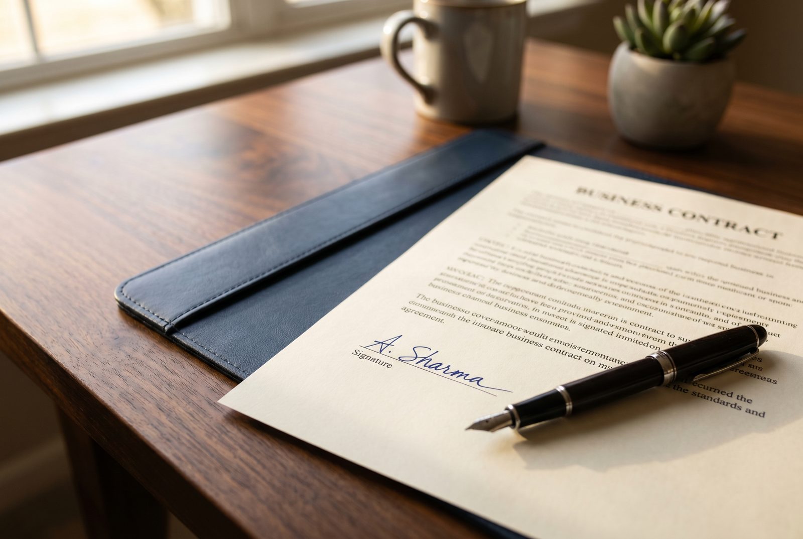 Detalle de un contrato firmado sobre un escritorio, símbolo de confianza institucional