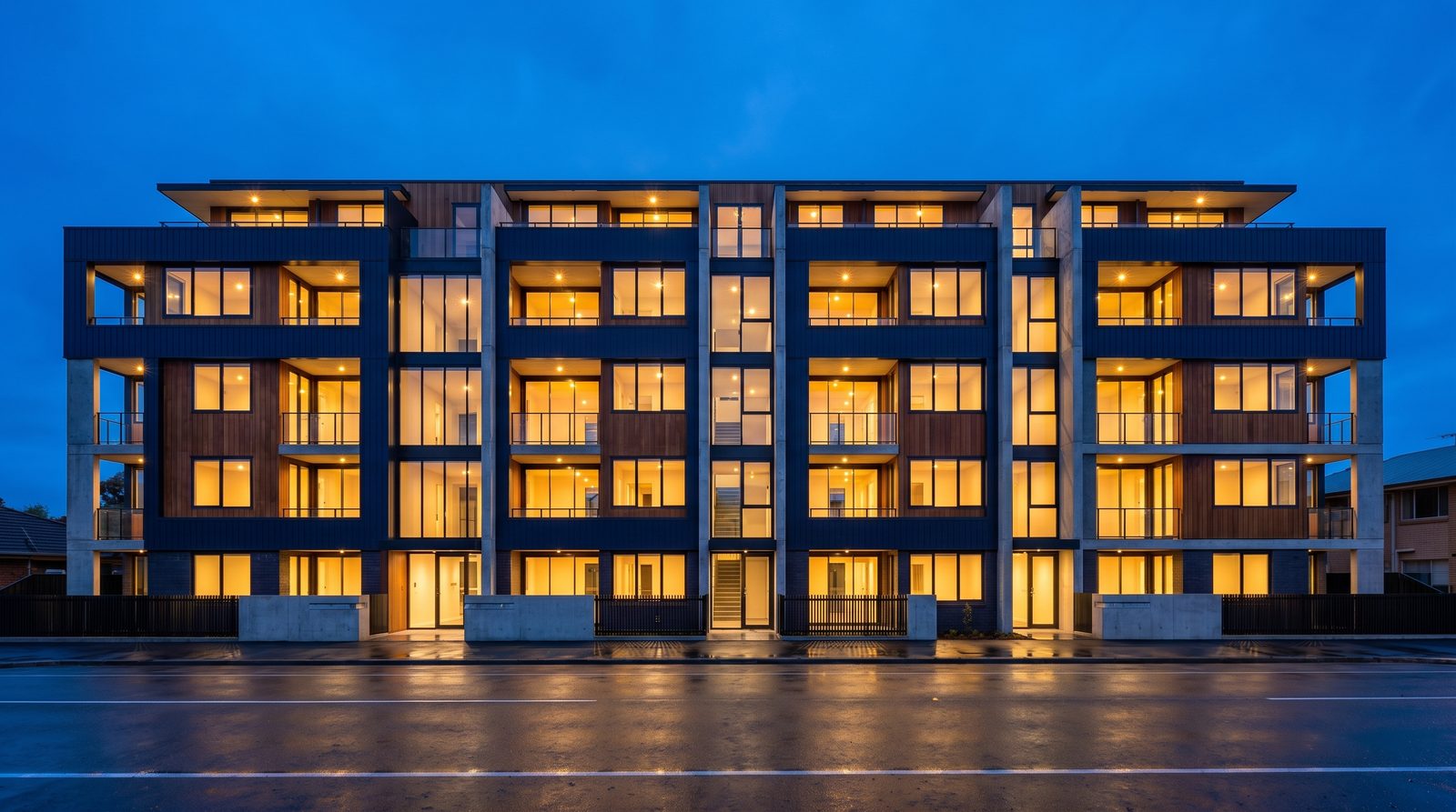 Edificio residencial moderno al atardecer